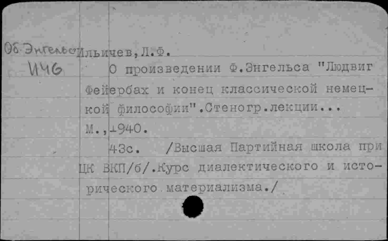 ﻿Об Эу\тЛеЦЛьичев, Л.Ф.
\ДМ6	0 произведении Ф.Энгельса "Людвиг
Фейербах и конец классической немец-
кой’философии".Стеногр.лекции...
,М.,х940.
43с. /Высшая Партийная школа при
ЦК ВКП/б/.Курс диалектического и исто-
рического .материализма./